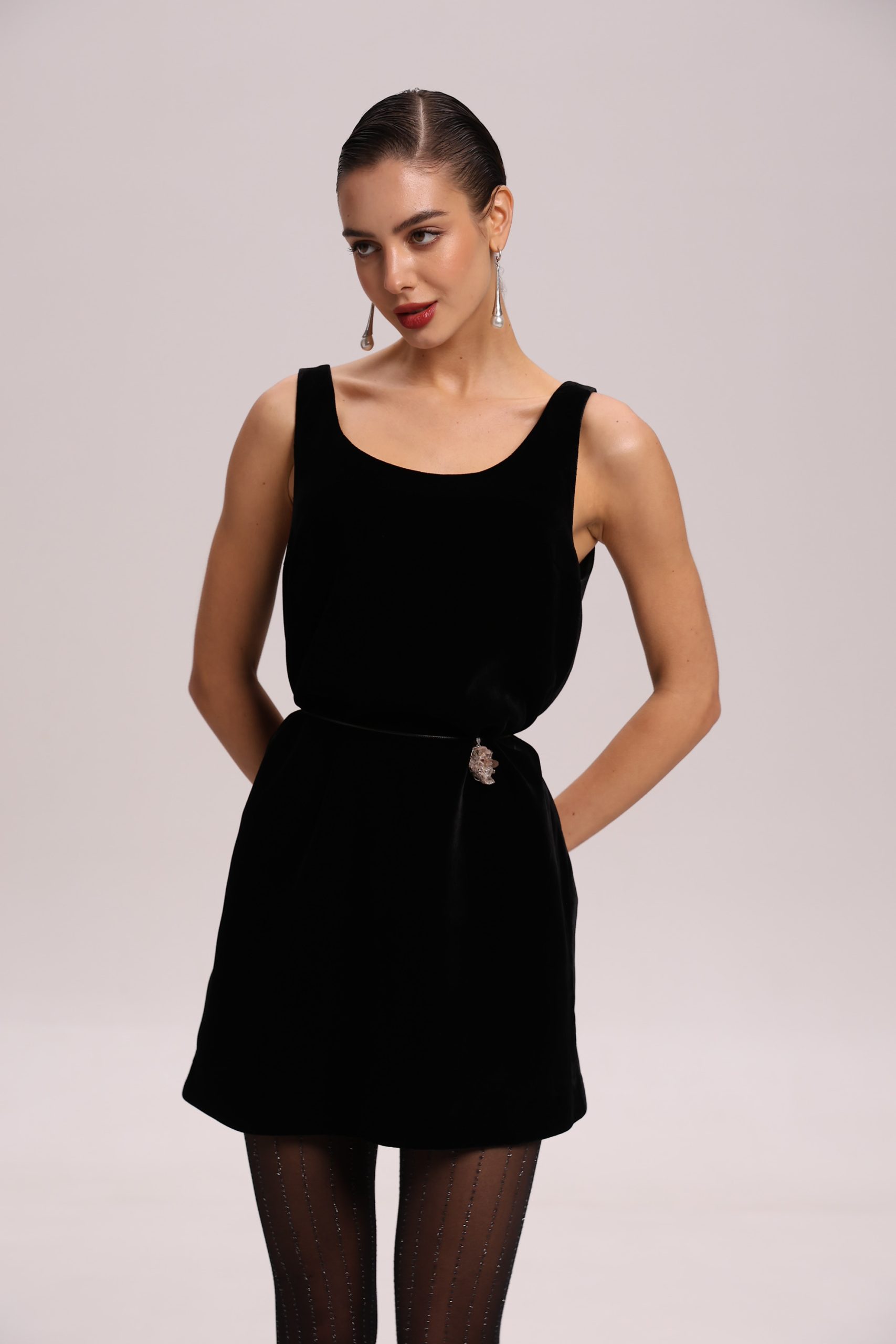 Velvet mini dress with belt